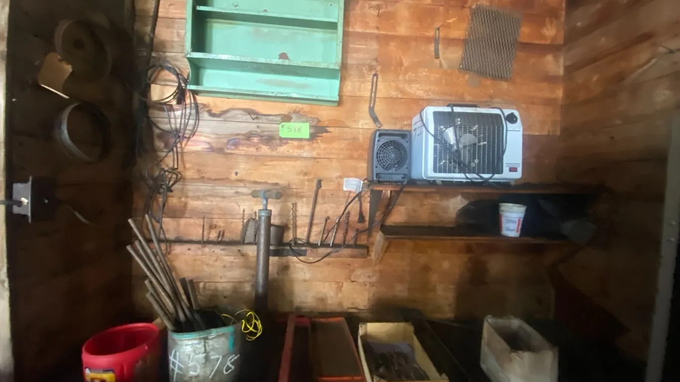 Green cupboard, 2- heaters, misc. tools, double locker