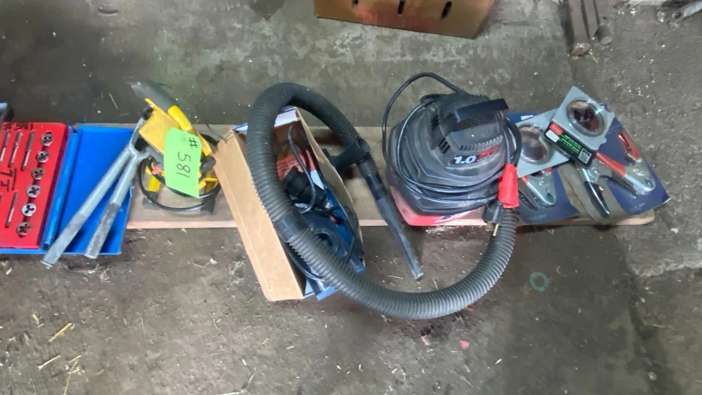 Vacuum tap & dye set, new booster cable ends, heat gun, soldering gun etc.