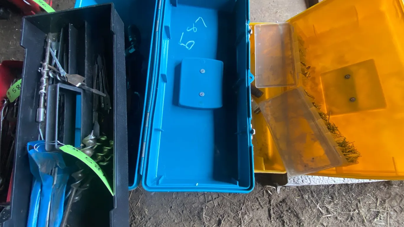 2- Yellow & blue tool boxes c/w contents- drill bits, chisels, cotter pins, bit & brace etc.
