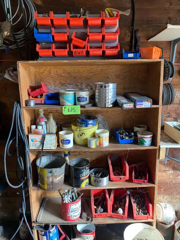 Wooden shelf c/w contents of nut, bolts etc.