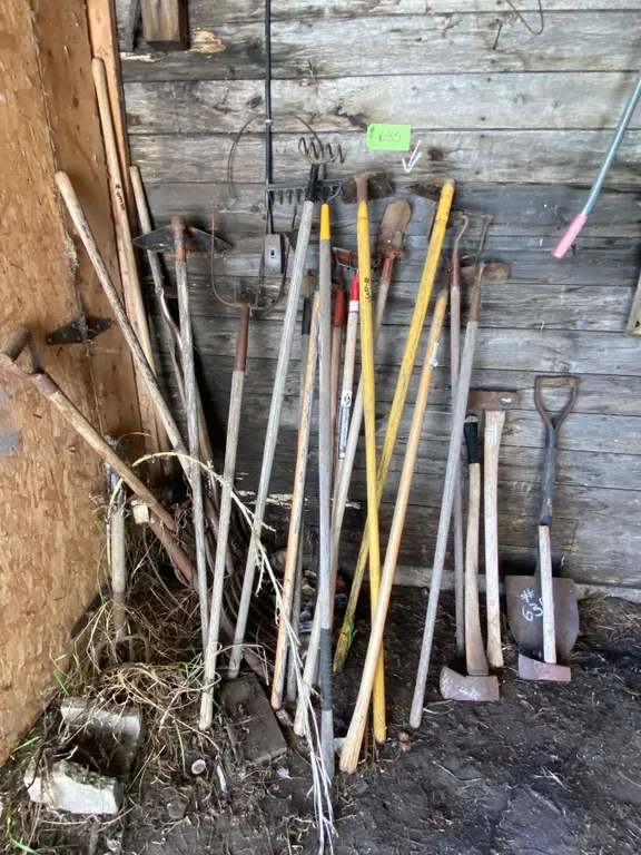 Qty of garden tools, axes (In the corner)