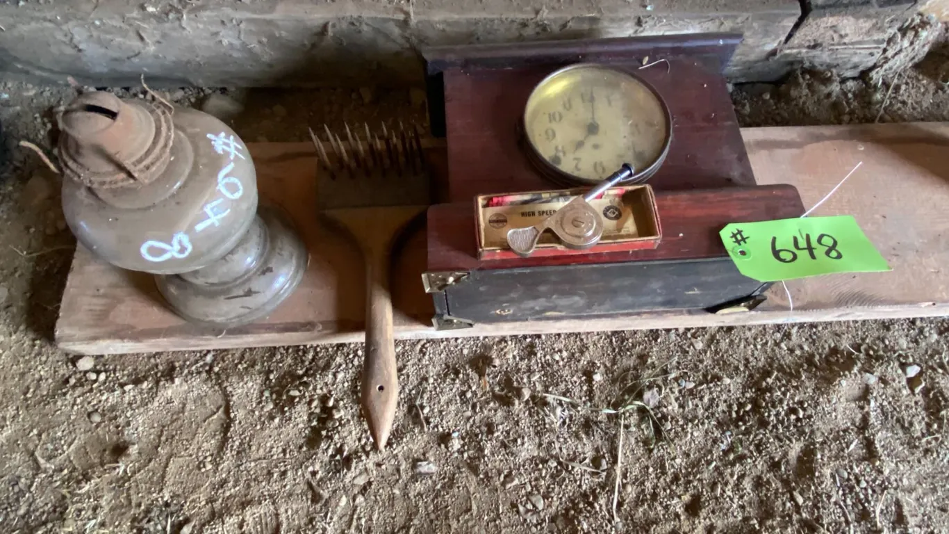 Feed indicator, old clock, lamp & cotton harvester