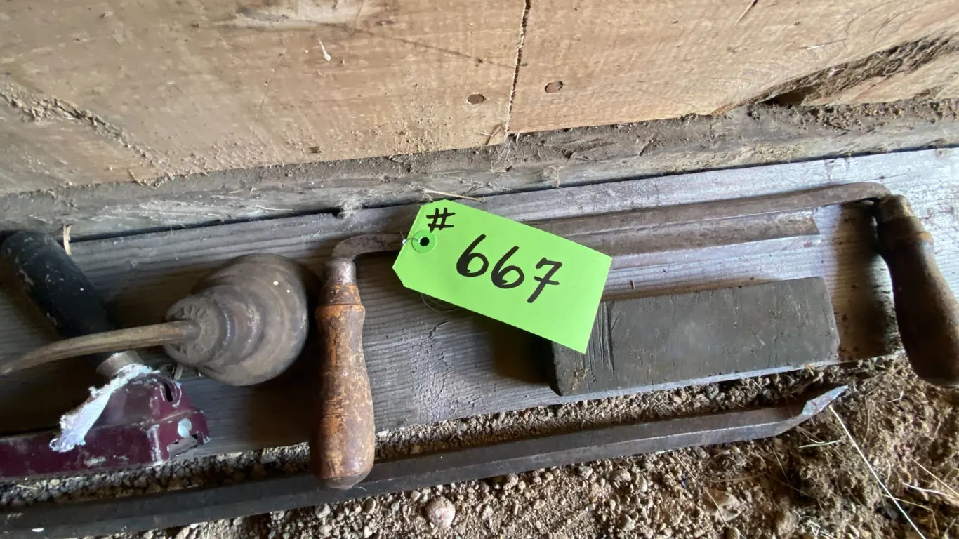 Crow bar, oil can, wood planner, woodworking plane & sharpening stone