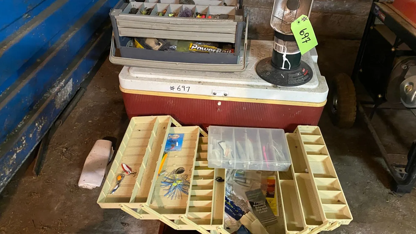 Cooler, 2- tackle boxes & heater