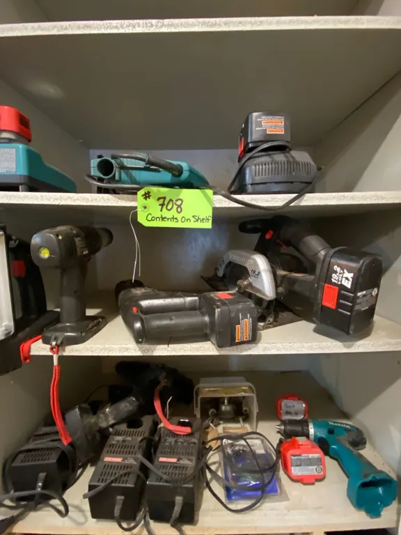 Cordless tools on shelf, chargers etc.