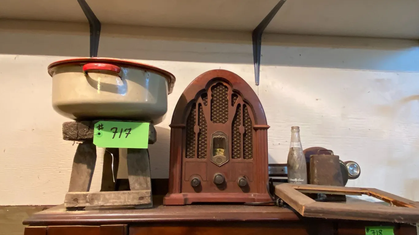 Milk stool, radio, bottles, bell, roaster