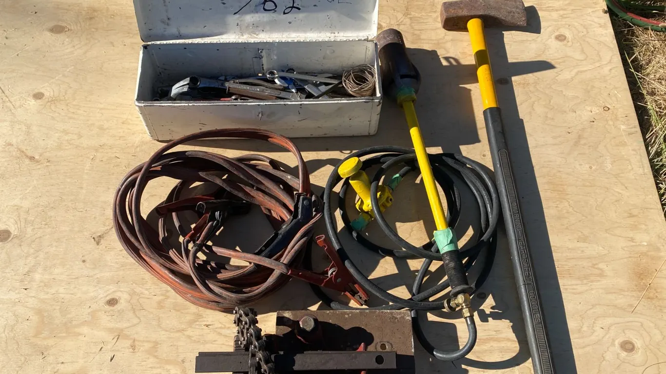 Tool box c/w tools, wood splitter, pipe vice, heavy booster cables & tiger torch