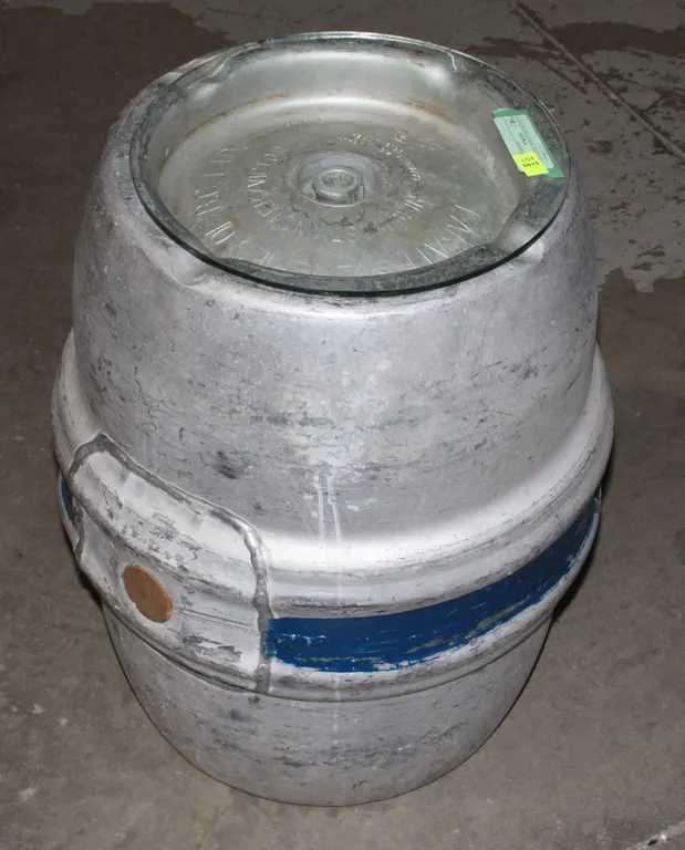 VINTAGE KEG WITH GLASS TOP, USE A TABLE OR