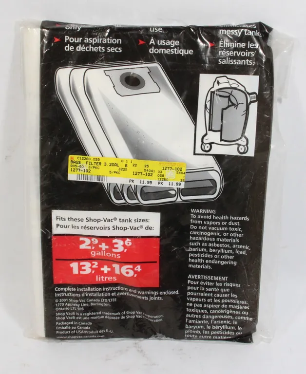 SHOPVAC DUST BAGS FITS 2,9 + 3,6 GALLONS