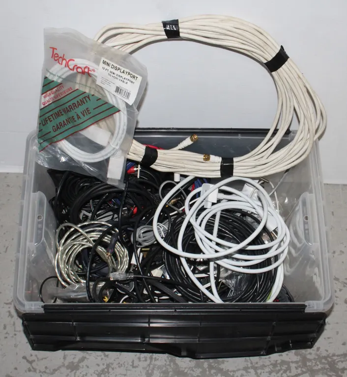 TOTE OF RANDOM CORDS, ETHERNET, CHARGERS, ETC
