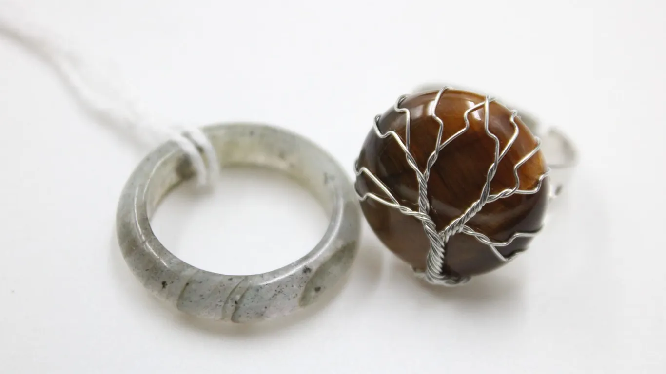 #234- NATURAL TIGER EYE & GREEN PRENITE RING 2PC
