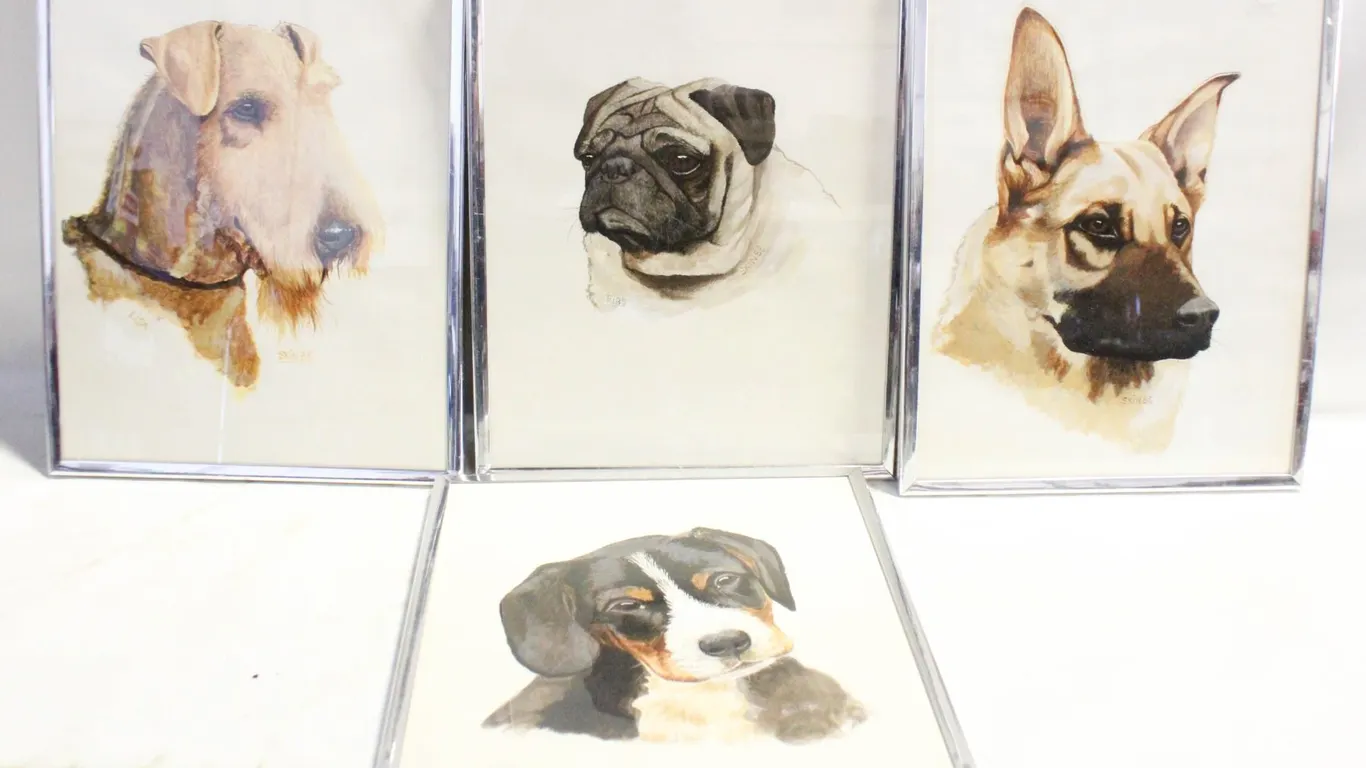FOUR WATER COLORED DOG PRINTS