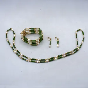 VTG BESPOKE BIRKS 14K GOLD JADE & PEARL 3 PC SET