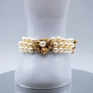 14K GOLD 3 ROW AKOYA PEARL & SAPPHIRE BRACELET
