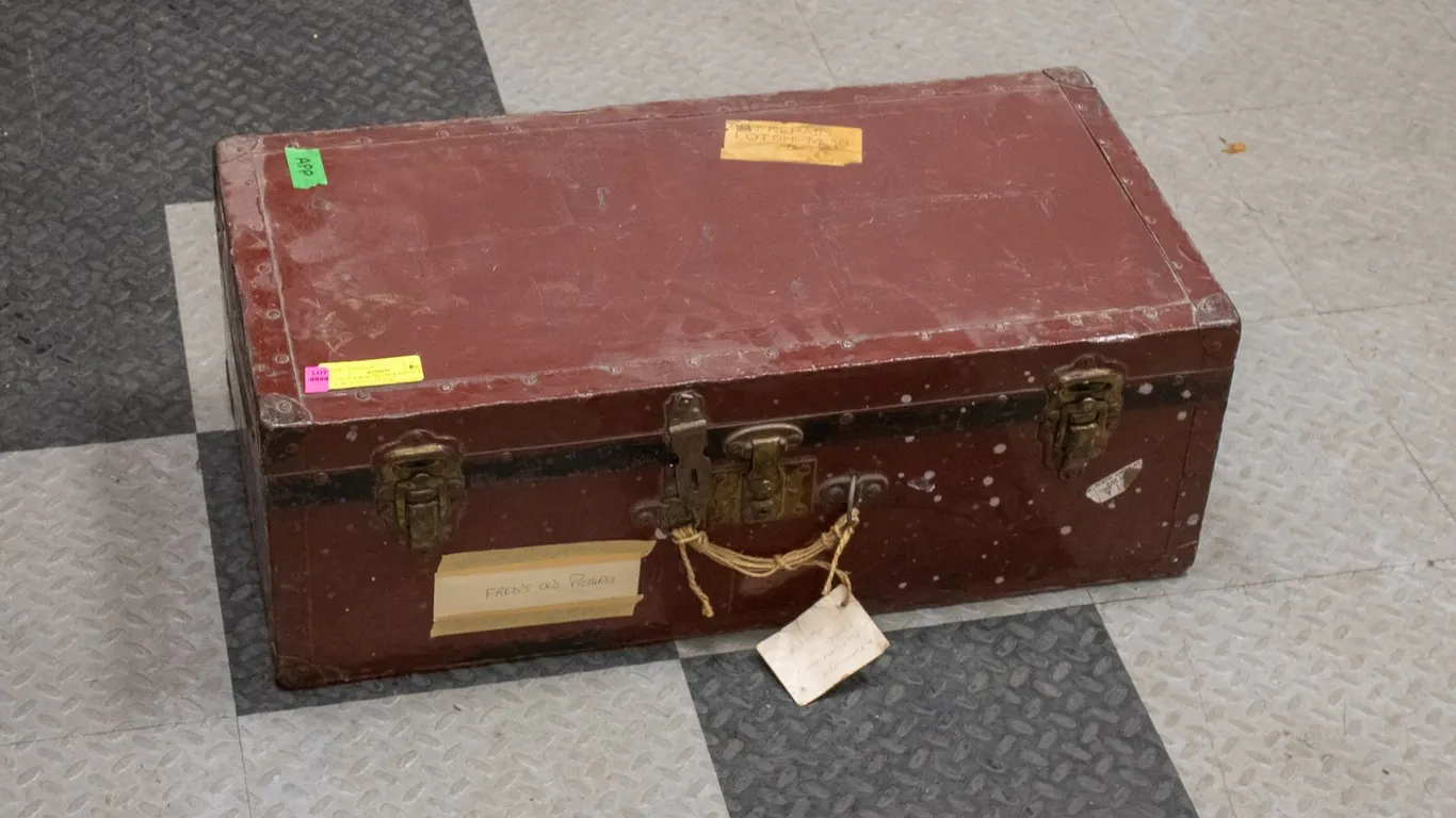 VINTAGE RED STEAMER TRUNK RED W/ BLACK STRAPS AND