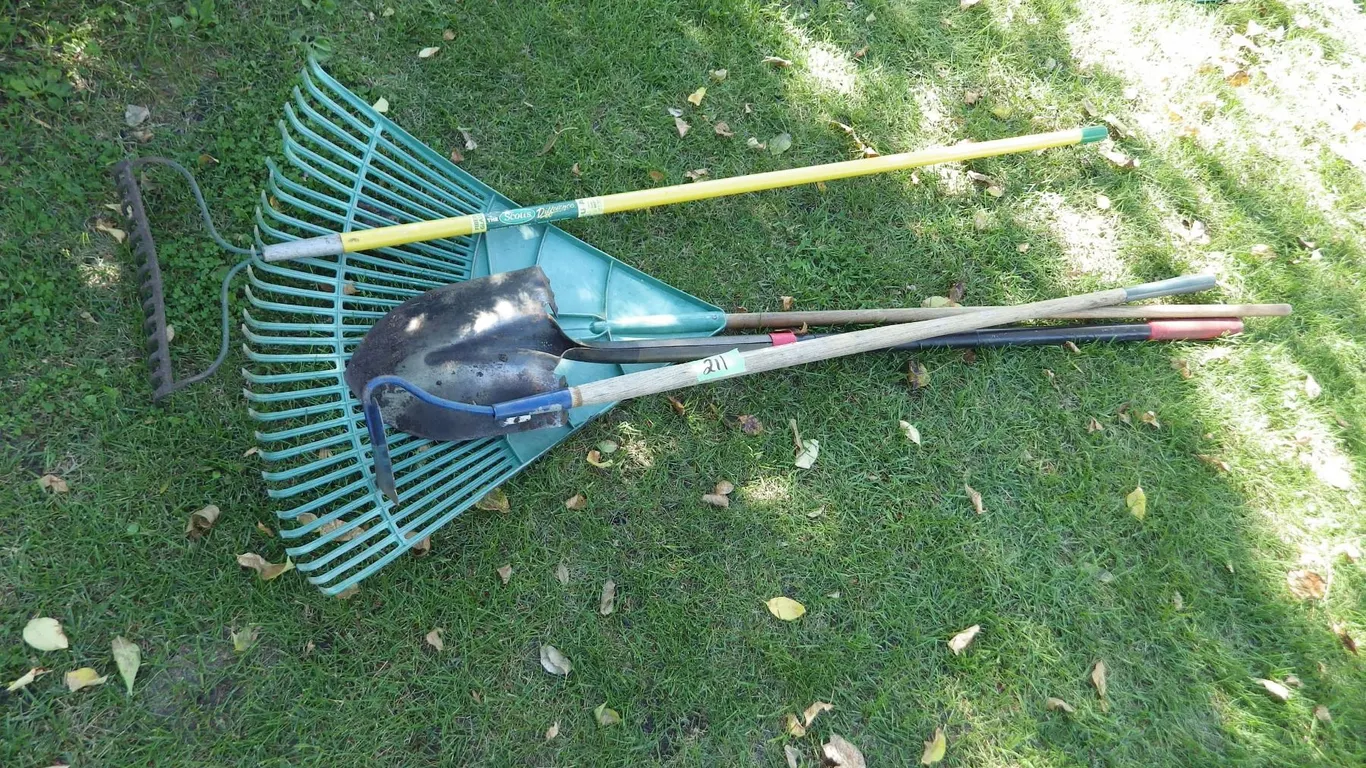 Rakes, long handled shovel , garden hoe