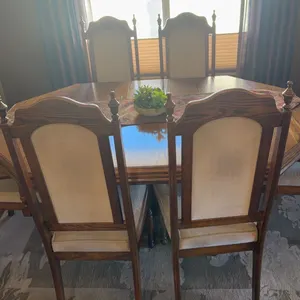 Wood Dining Table With Adjustable Size 67" x 43" and Six Upholstered Chairs