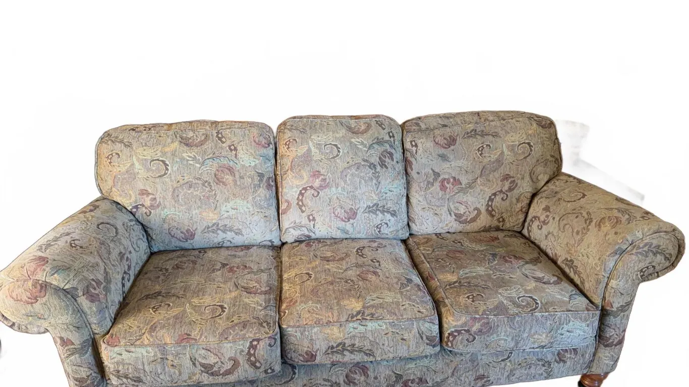 Three-Seat Fabric Sofa with Rolled Arms and Patterned Upholstery, 82" x 36"