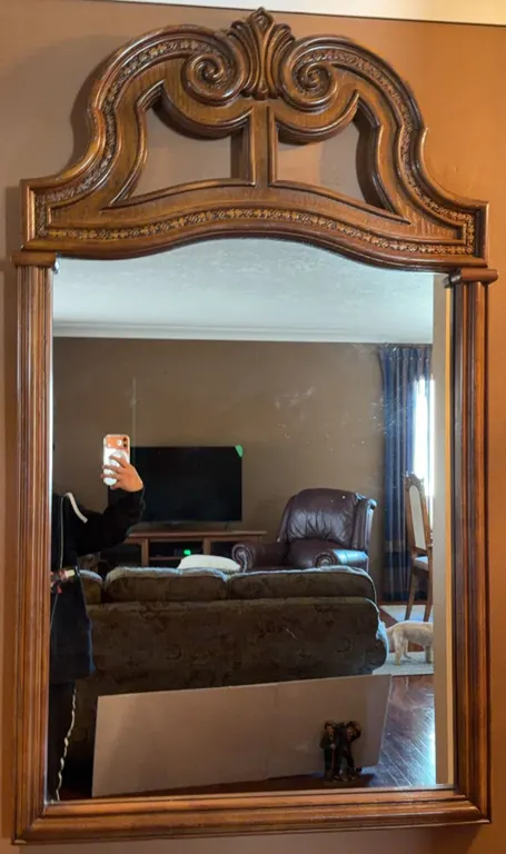 Ornate Wood Framed Wall Mirror with Carved Top Detail, 31" x 54"