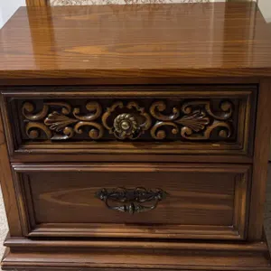 Ornate Wood Nightstands with Carved Fronts, Two Pieces, Each 26 x 17 Inches