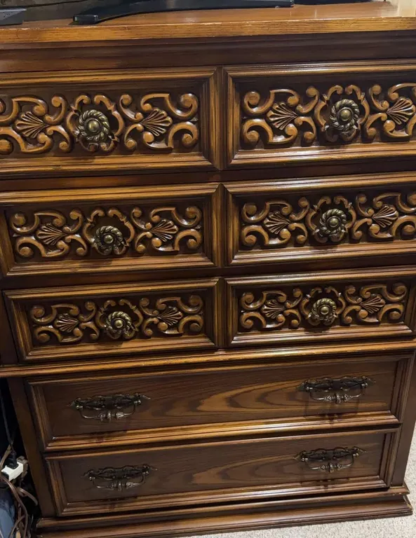 Ornate Carved Wood 6-Drawer Dresser with Brass Hardware