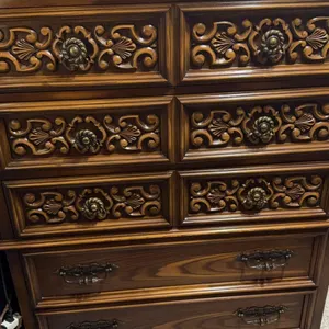 Ornate Carved Wood 6-Drawer Dresser with Brass Hardware