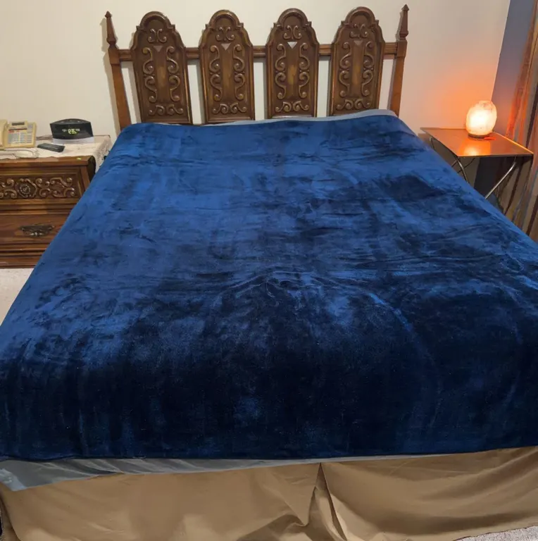 Wooden Queen Headboard With Blue Plush Blanket, 59" Width x 46" Height, Without Matrix