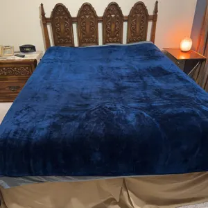 Wooden Queen Headboard With Blue Plush Blanket, 59" Width x 46" Height, Without Matrix