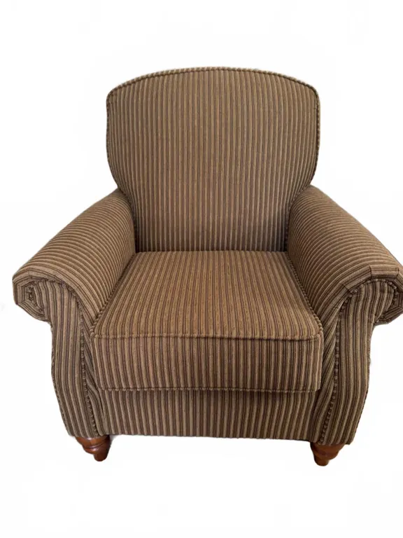 Striped Upholstered Armchair with Rolled Arms and Wooden Feet, Measures 34" x 38"