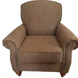 Striped Upholstered Armchair with Rolled Arms and Wooden Feet, Measures 34" x 38"