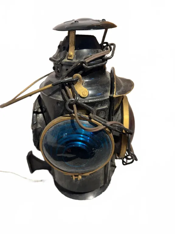 CNR Cast Iron Railroad Lantern with Red and Blue Glass Lenses and Chain