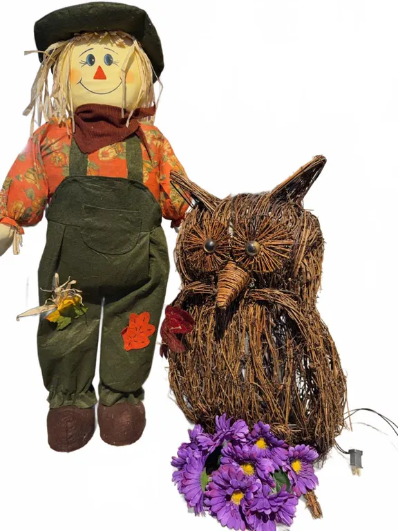 Stuffed Fabric Scarecrow and Wicker Owl Light with Artificial Flowers
