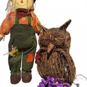Stuffed Fabric Scarecrow and Wicker Owl Light with Artificial Flowers