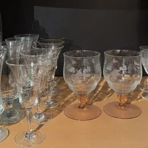 Etched and Clear Crystal Stemware Set, 19 Pieces