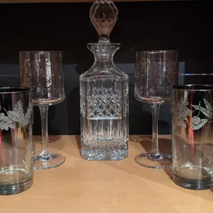 Crystal Decanter With Stopper, 2 Crystal Wine Glasses, 4 Silver Rimmed Highball Glasses