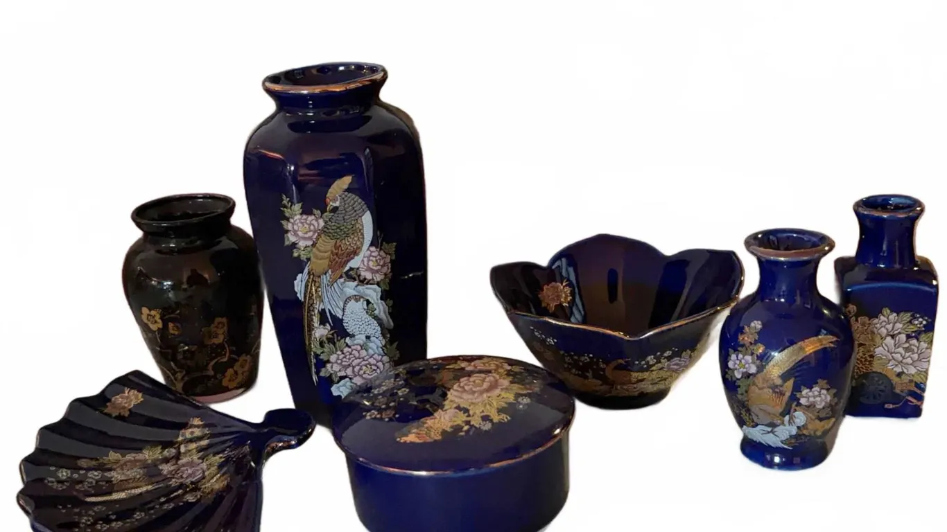 Japanese Style Blue and Black Ceramic Vases Bowls and Fan Dish Lot