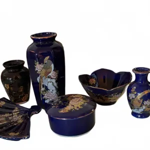 Japanese Style Blue and Black Ceramic Vases Bowls and Fan Dish Lot