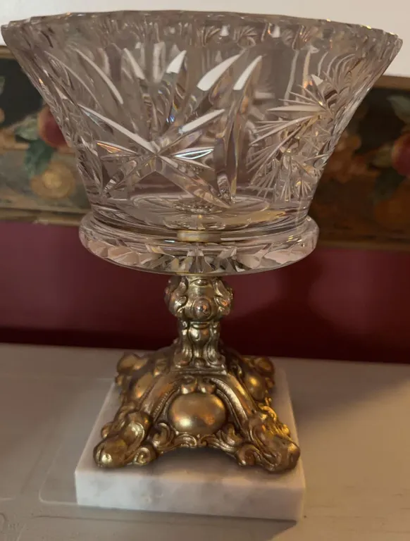 Cut Glass Centerpiece Bowl on Ornate Brass Stand with Marble Base