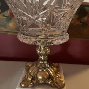 Cut Glass Centerpiece Bowl on Ornate Brass Stand with Marble Base