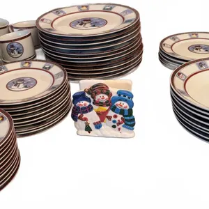 Holiday Snowman Dinnerware Set Plates Bowls Mugs and Napkin Holder