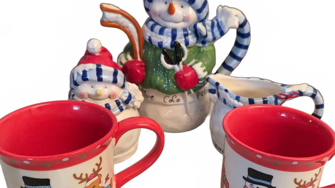 Temp-tations Winter Whimsy Snowman Ceramic Cocoa Set with 14 oz Mugs (5 Pieces)