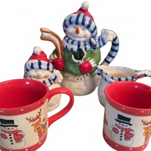 Temp-tations Winter Whimsy Snowman Ceramic Cocoa Set with 14 oz Mugs (5 Pieces)