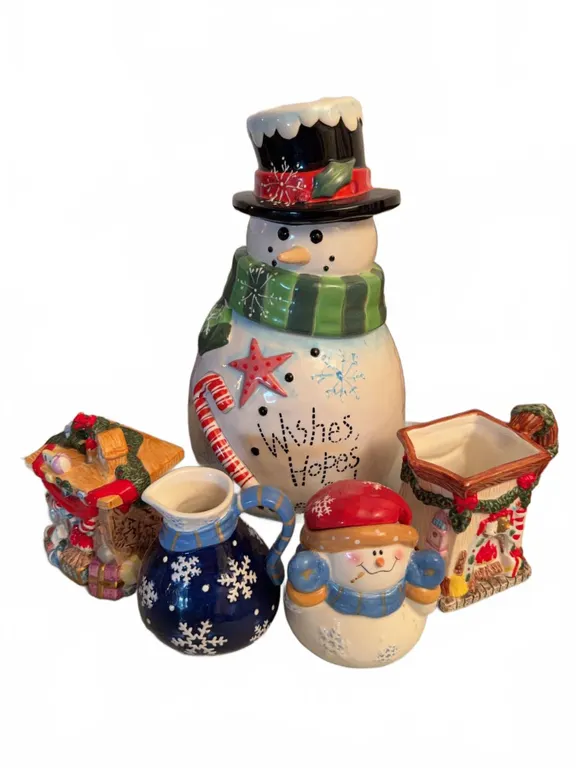 Ceramic Snowman Cookie Jar and Holiday Creamers Assorted Lot, 5 Pieces