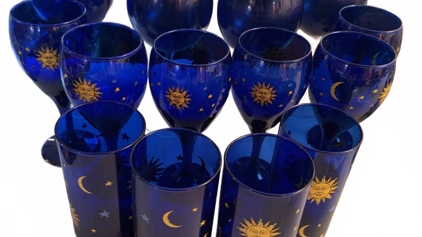 12 Cobalt Blue Glasses with Celestial Sun, Moon and Stars Design