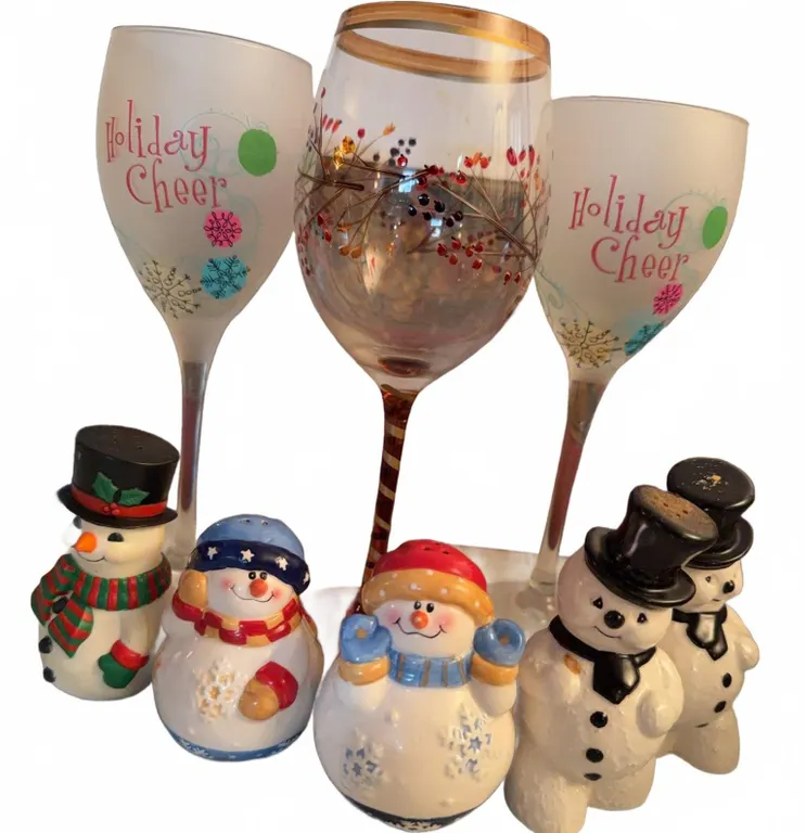 3 Holiday Wine Glasses and 4 Snowman Salt and Pepper Shakers