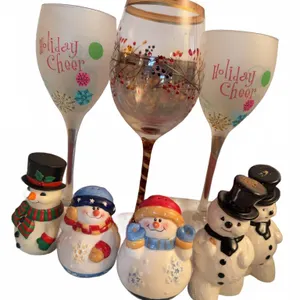 3 Holiday Wine Glasses and 4 Snowman Salt and Pepper Shakers
