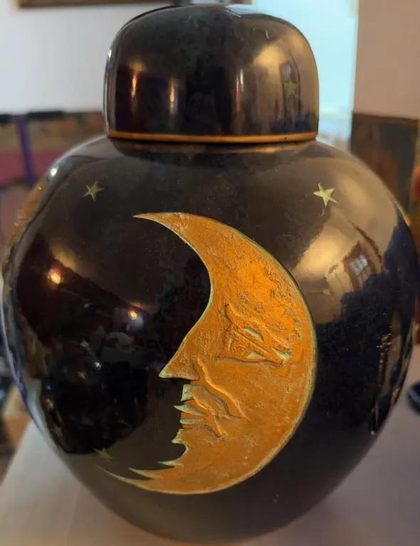 Ceramic Lidded Jar with Gold Crescent Moon and Stars Motif