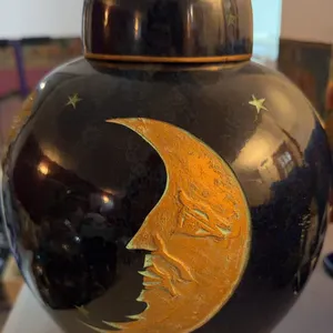Ceramic Lidded Jar with Gold Crescent Moon and Stars Motif