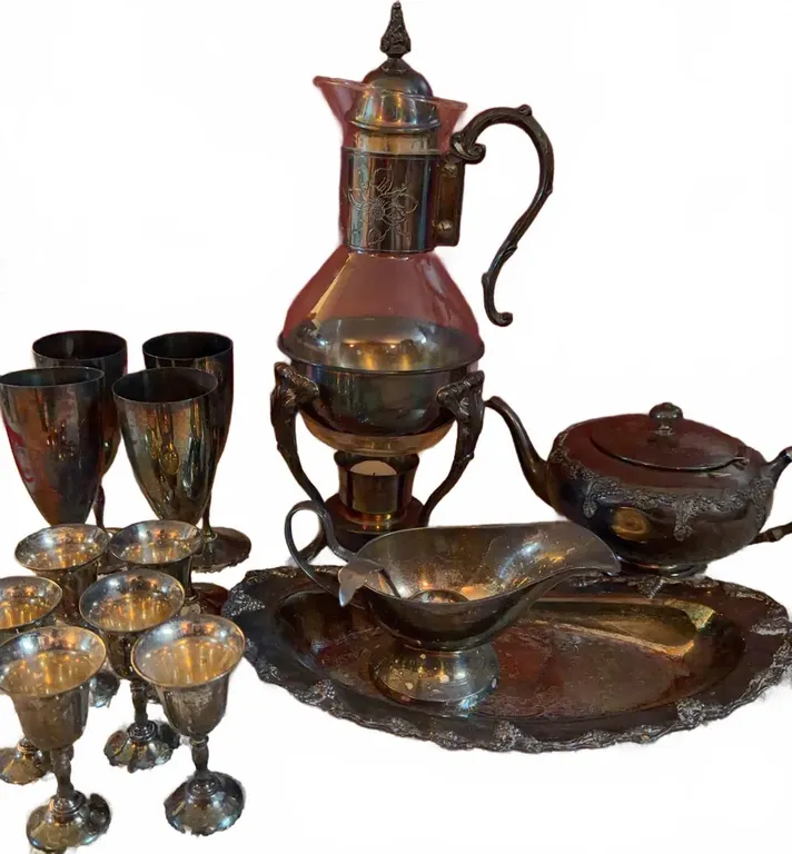 Victorian 512 Silver Plated Tableware Set: Carafe, Goblets, Teapot, Tray, Gravy Boat