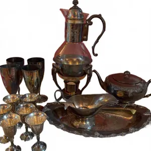 Victorian 512 Silver Plated Tableware Set: Carafe, Goblets, Teapot, Tray, Gravy Boat